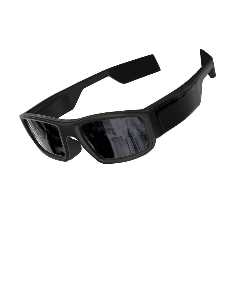 Uma imagem do nosso produto, um oculos totalmente preto com uma camera no canto da lente